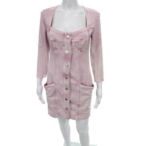 Isabel Marant Women Pink Mini Shirt Dress Square Neck 3/4 Sleeve Button Size 38